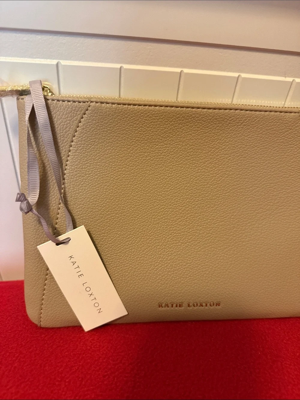 Katie Loxton Taupe Beige Vegan Leather Zip Clutch Pouch